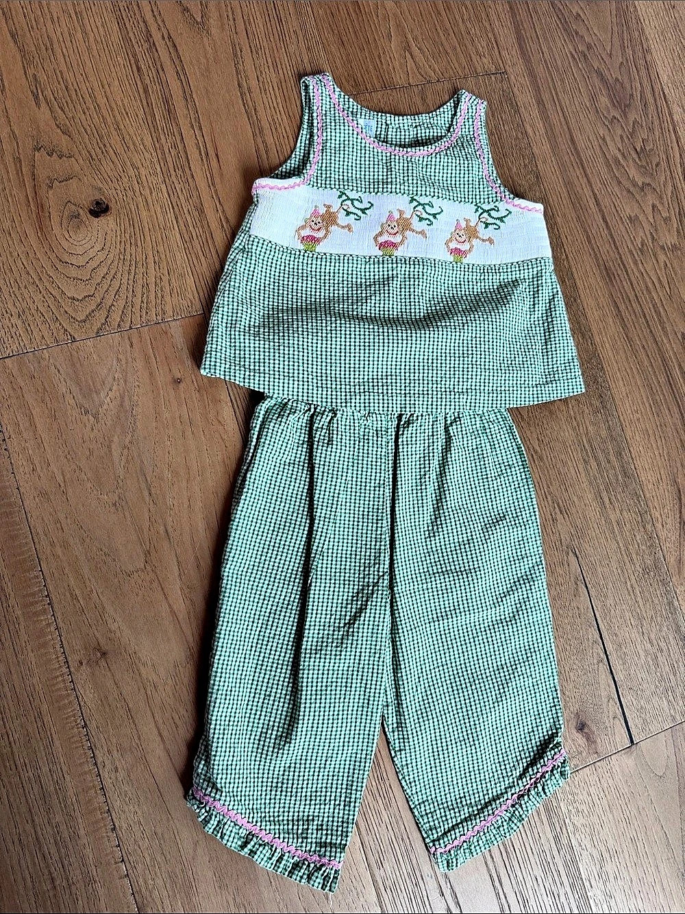 Vive La Fete Green Gingham Monkey Smocked Pant Set Girls 3T